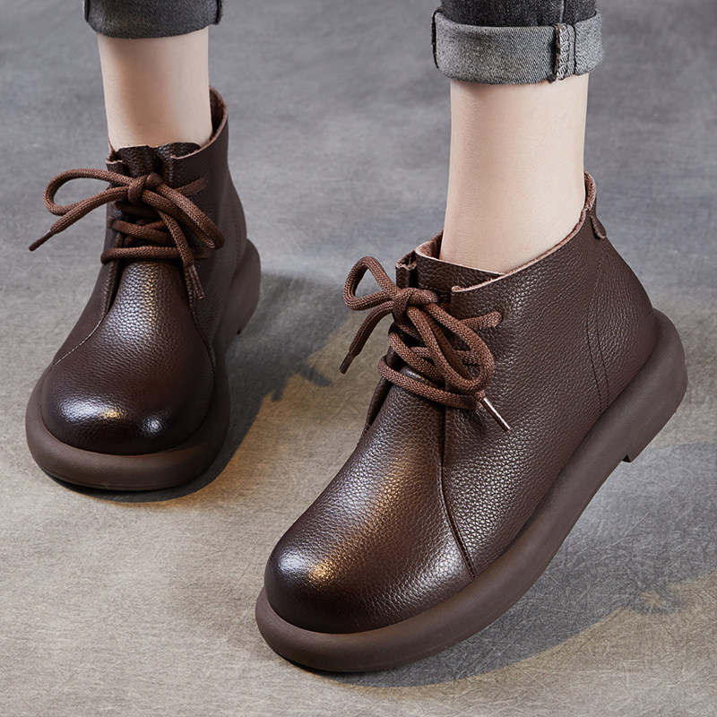 头层牛皮女鞋英伦风真皮短靴冬季加绒保暖系带圆头平底软底马丁靴