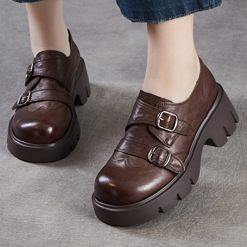 头层牛皮女鞋2026英伦复古真皮乐福鞋厚底皮带扣小皮鞋显脚小单鞋