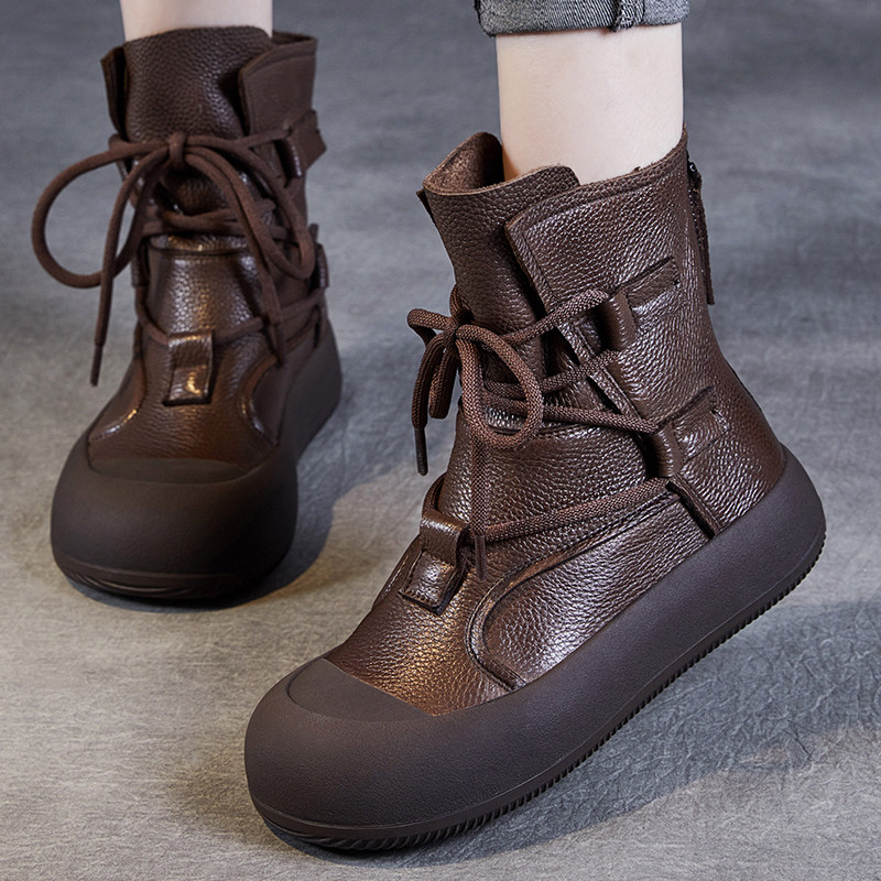 头层牛皮女鞋真皮马丁靴女2025新款厚底短靴百搭休闲交叉绑带靴子