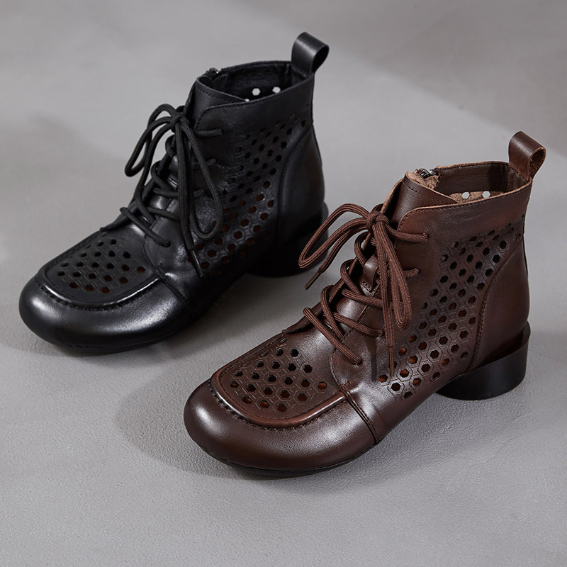 头层牛皮女靴真皮镂空马丁靴2026春秋季新款系带短靴透气显瘦靴子