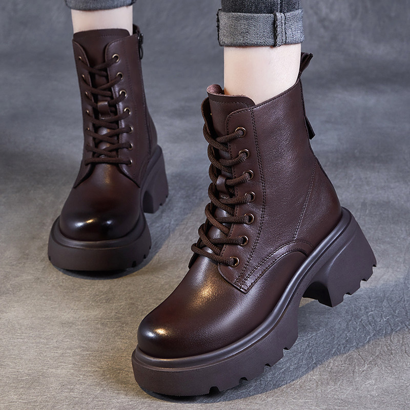 头层牛皮女靴英伦风真皮马丁靴女秋冬季厚底增高短靴系带保暖靴子