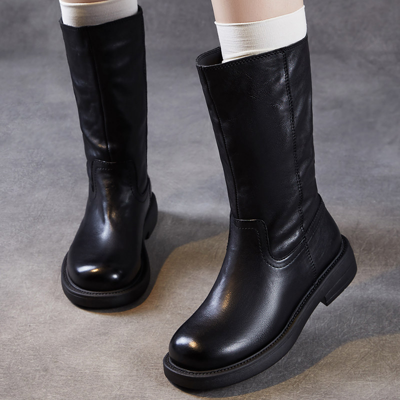 头层牛皮加绒女鞋靴子英伦风真皮中筒骑士靴女冬季黑色复古马丁靴