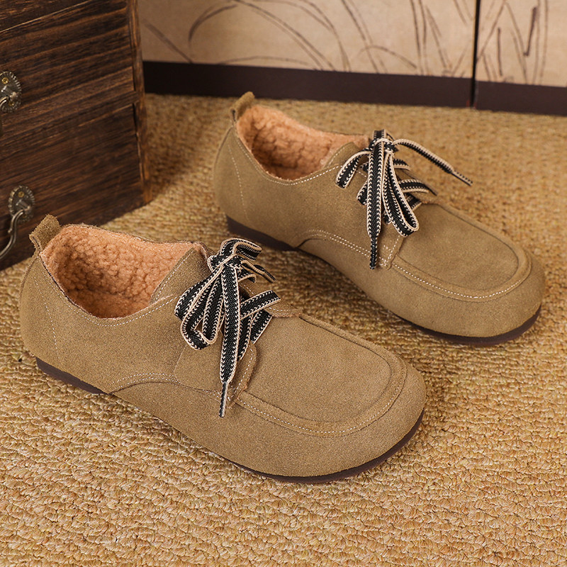 真皮大码女鞋41-43反绒皮系带勃肯鞋冬季加绒保暖软底不累脚棉鞋