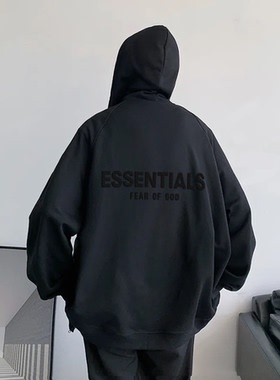 植绒字母ESSENTLAIS FOGESS2025卫衣冬外套男女美式高街拉链上衣