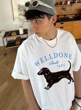 waikei we11done腊肠狗t恤短袖男女ins潮牌美式狗狗图案情侣半袖