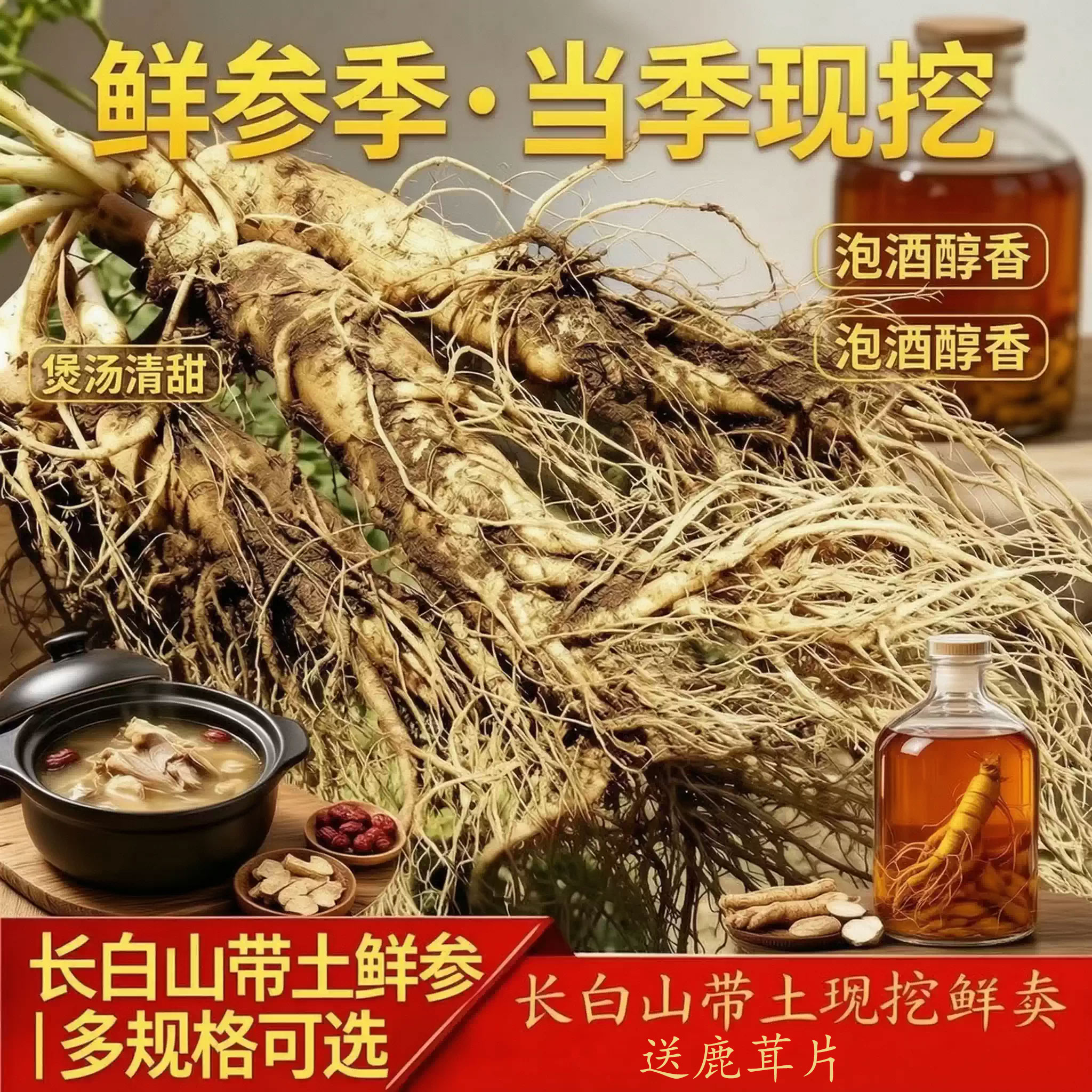 长白山正宗鲜人参500g现挖特大新鲜带土鲜人参整枝泡酒煲汤人鲜参