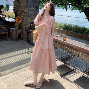 粉色方领连衣裙女夏季 微胖宽松甜美减龄长裙 2025新款 今年流行爆款