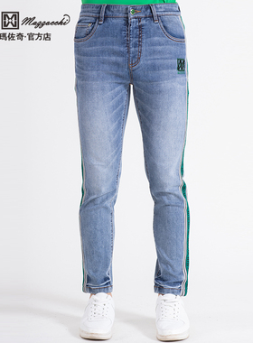 玛路男装/MAURO春夏吸湿透气刺绣烫钻织带装饰牛仔裤长裤ML251337