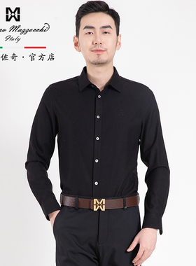 玛路男装/MAURO秋冬柔软保暖/时尚翻领黑咖条纹长袖衬衫MK321011