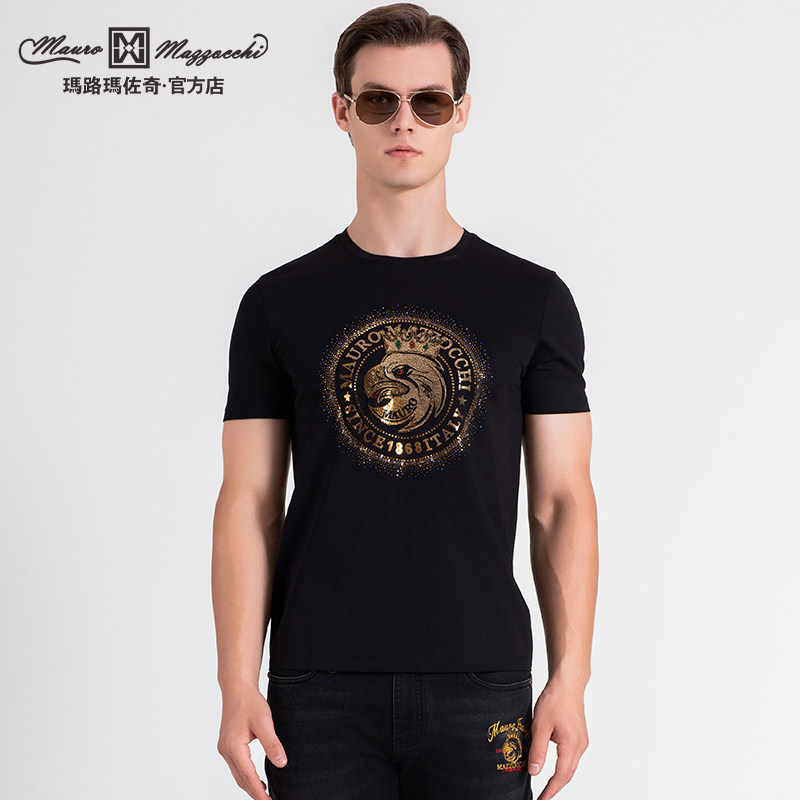 玛路男装/MAURO春夏柔软透气/时尚鹰头烫钻圆领短袖T恤ML237341