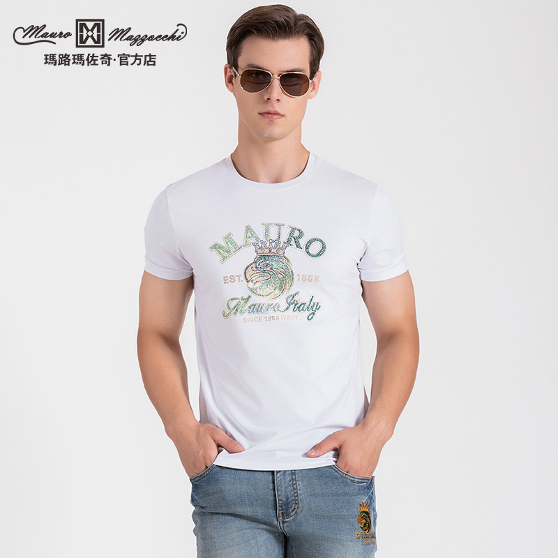 玛路男装/MAURO春夏柔软透气/时尚鹰头钻圆领短袖T恤ML237343