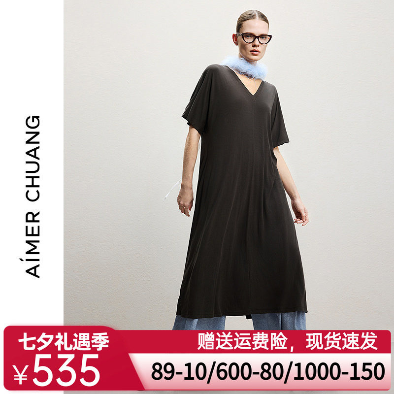 AIMER CHUANG26春夏女空气冰奶皮圆领短袖两面穿连衣裙CA442261