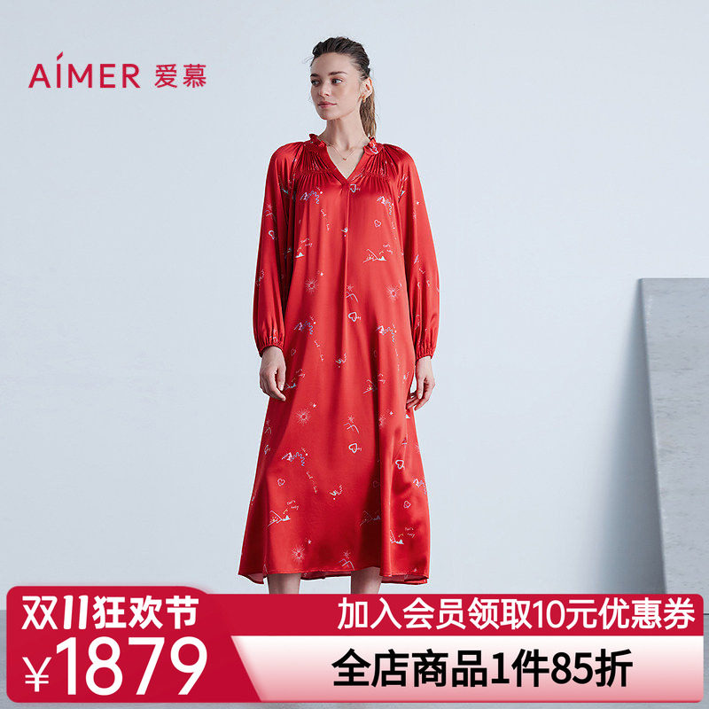 爱慕25秋冬日照金山开运系列女士睡衣含桑蚕丝红色九分袖中长睡裙