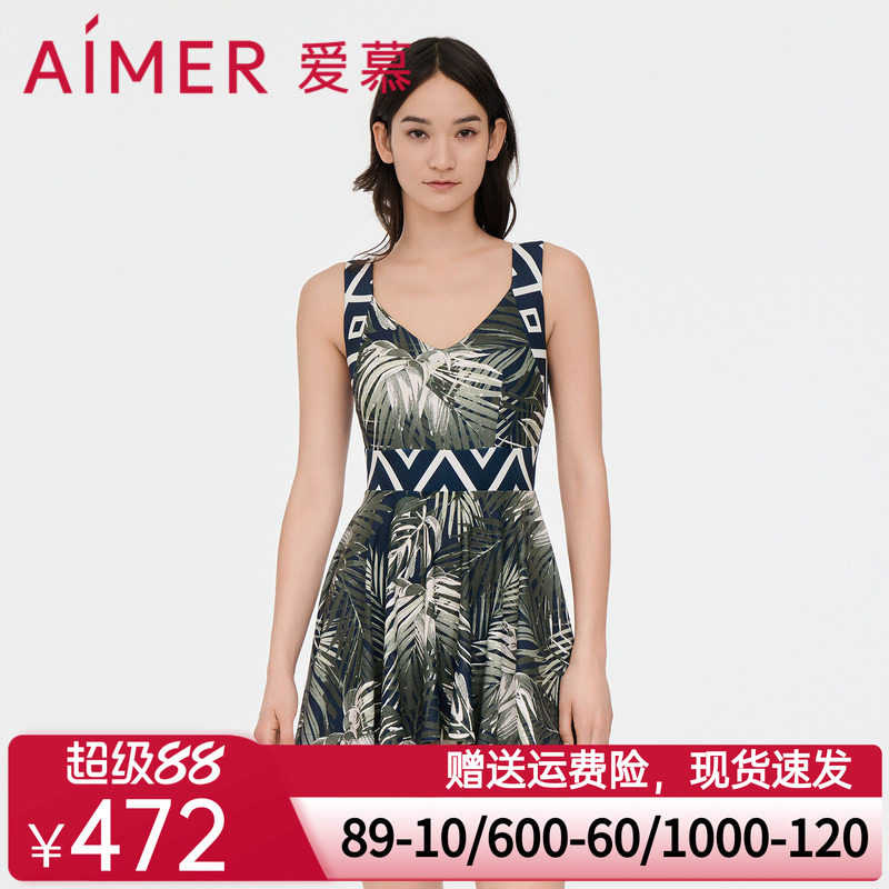 爱慕泳衣女棕榈格调夏季无胸垫遮肚显瘦V领裙式连体泳衣AM688062