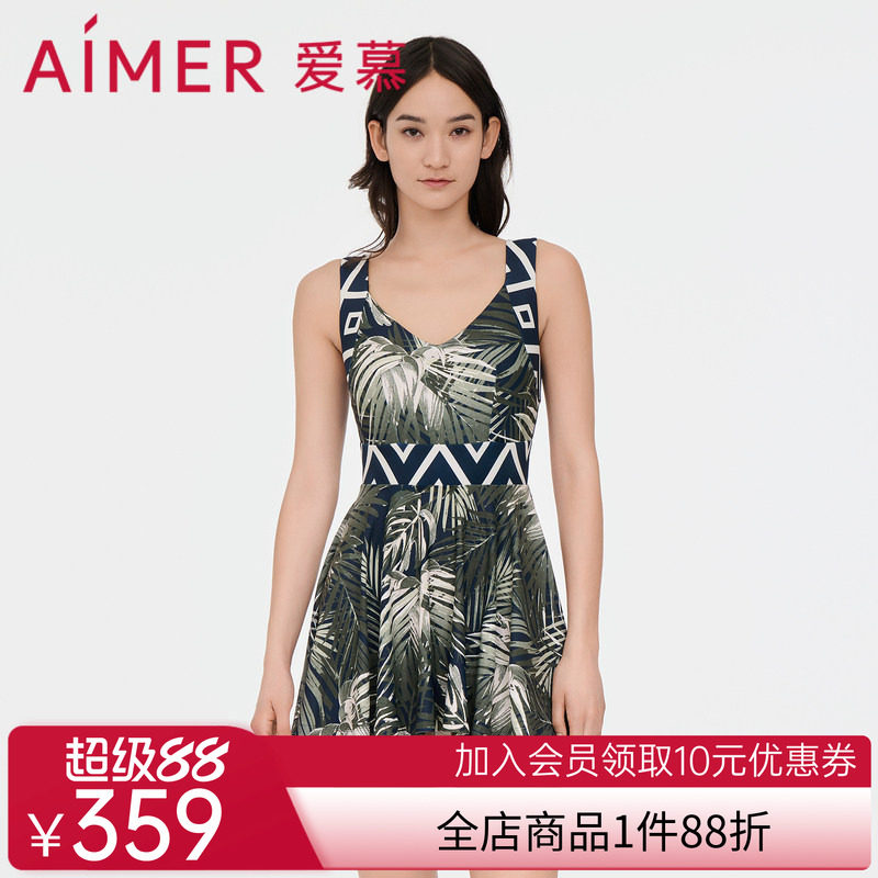 爱慕泳衣女棕榈格调夏季无胸垫遮肚显瘦V领裙式连体泳衣AM688062