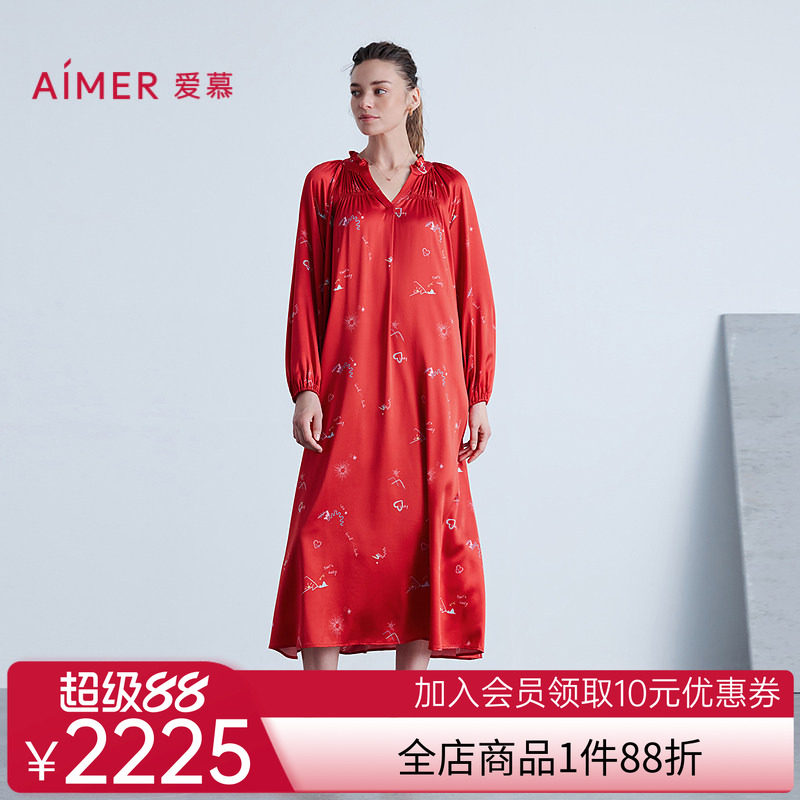 爱慕25秋冬日照金山开运系列女士睡衣含桑蚕丝红色九分袖中长睡裙