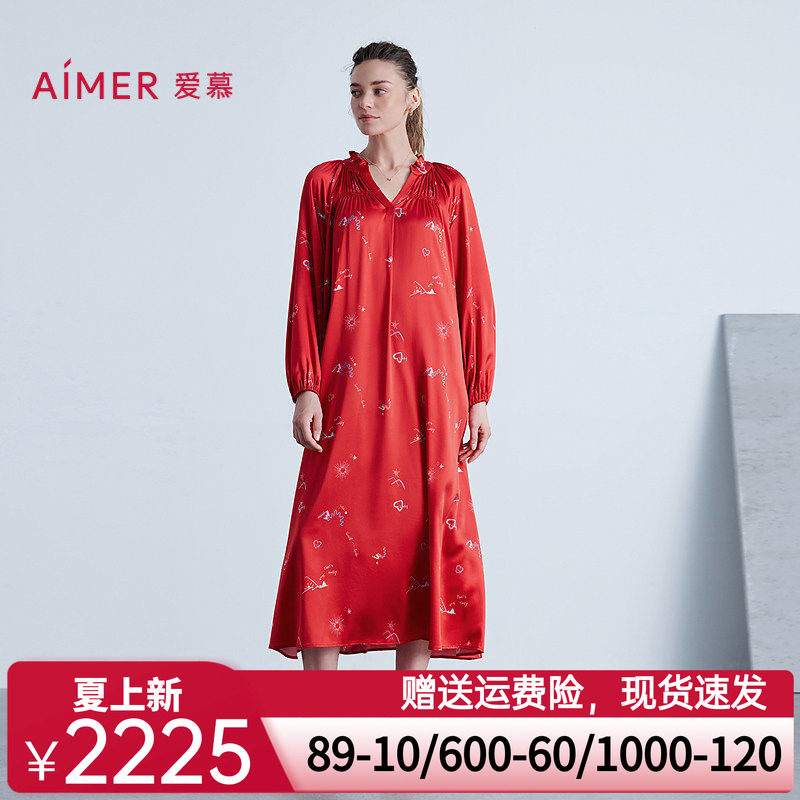 爱慕25秋冬日照金山开运系列女士睡衣含桑蚕丝红色九分袖中长睡裙