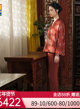皇锦睡衣女秋冬红色桑蚕丝分身家居服套装-飞鸟衔花HJ21512