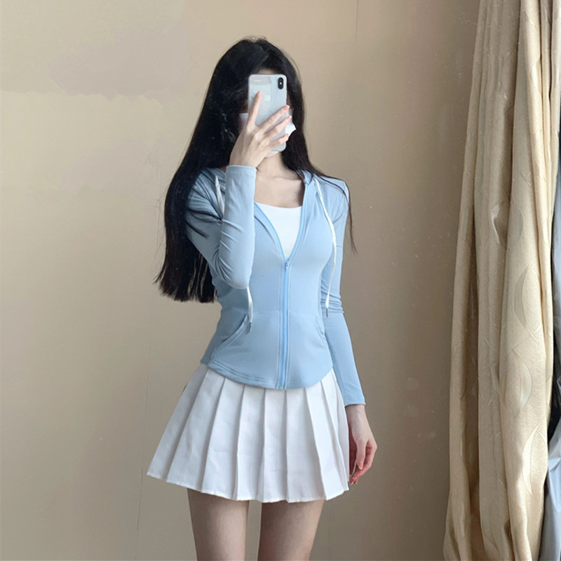 蓝色防晒外套女夏季修身显瘦收腰纯欲风辣妹运动瑜伽连帽拉链上衣
