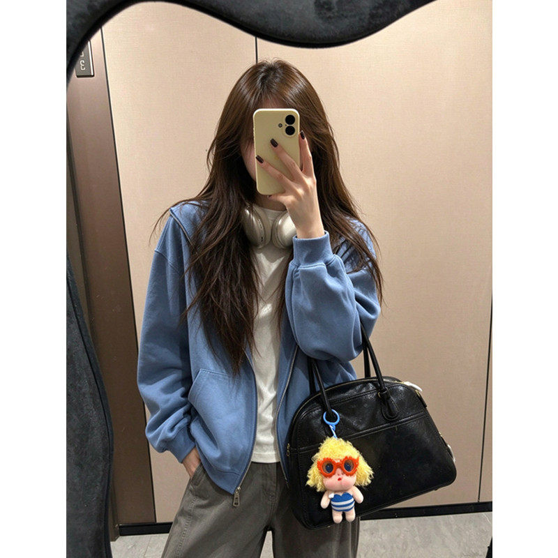 雾霾蓝纯色连帽卫衣女秋冬拉链