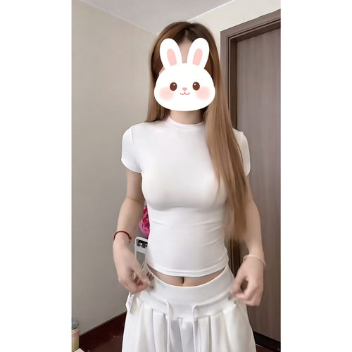 美式辣妹简约休闲基础款纯色圆领正肩短袖T恤女夏季修身打底上衣