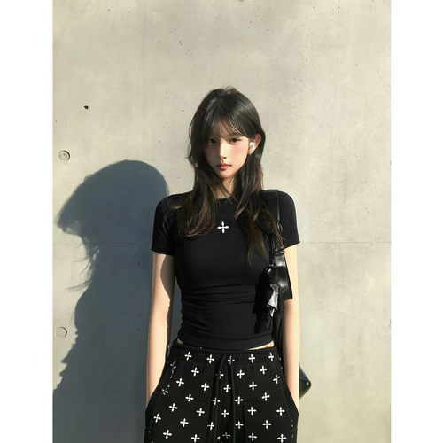 十字印花短袖T恤女夏季修身