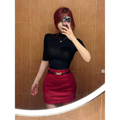 美式辣妹纯欲半高领五分短袖T恤女内搭打底修身收腰显瘦弹力上衣