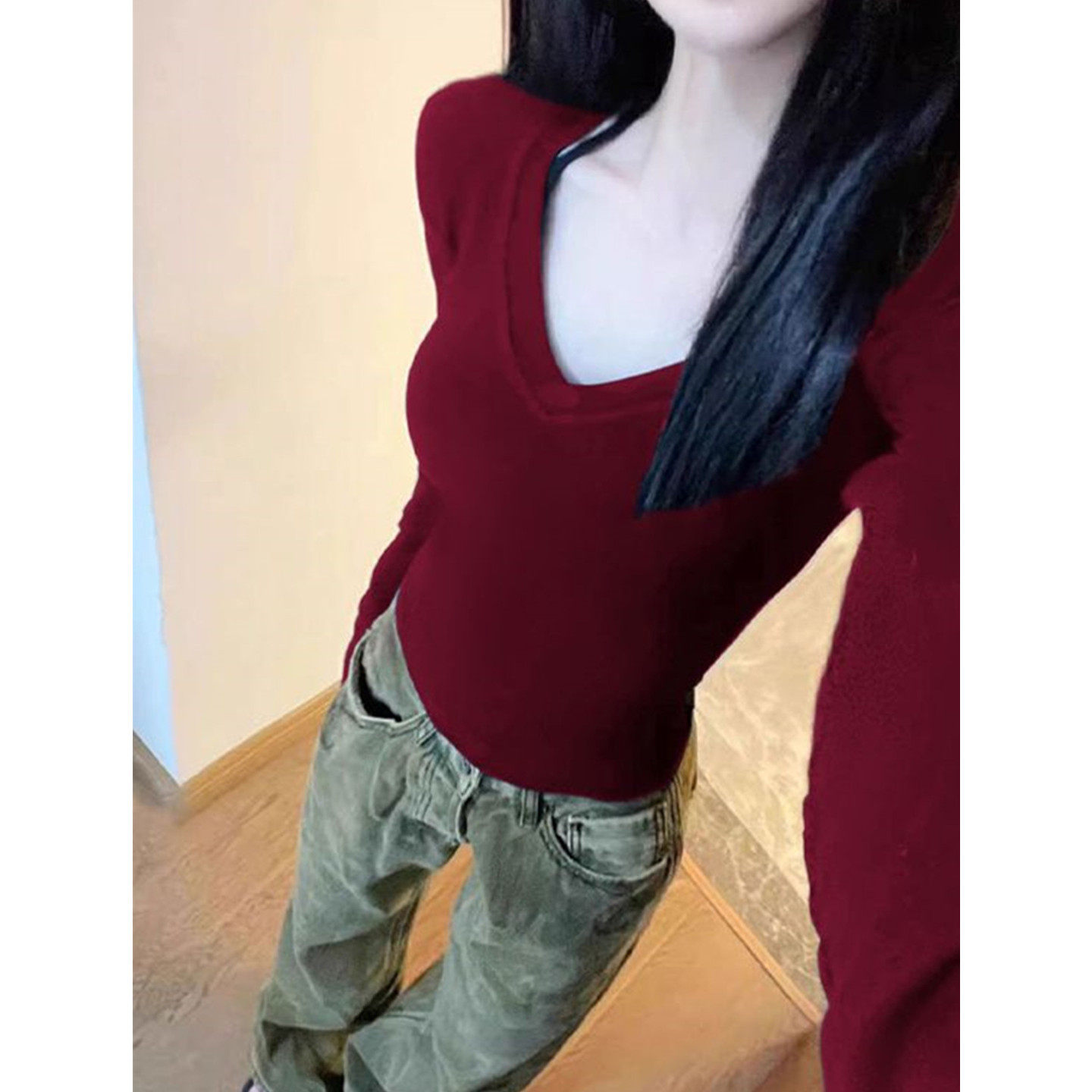 性感V领长袖T恤女早秋修身