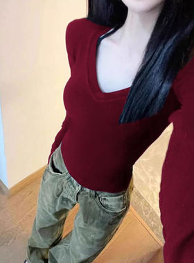 性感V领长袖T恤女早秋修身