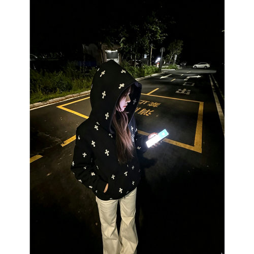 满印十字架连帽卫衣女秋冬