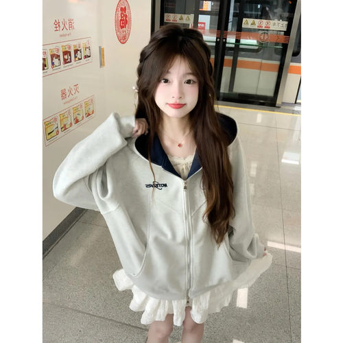 学院风撞色连帽卫衣女春秋季