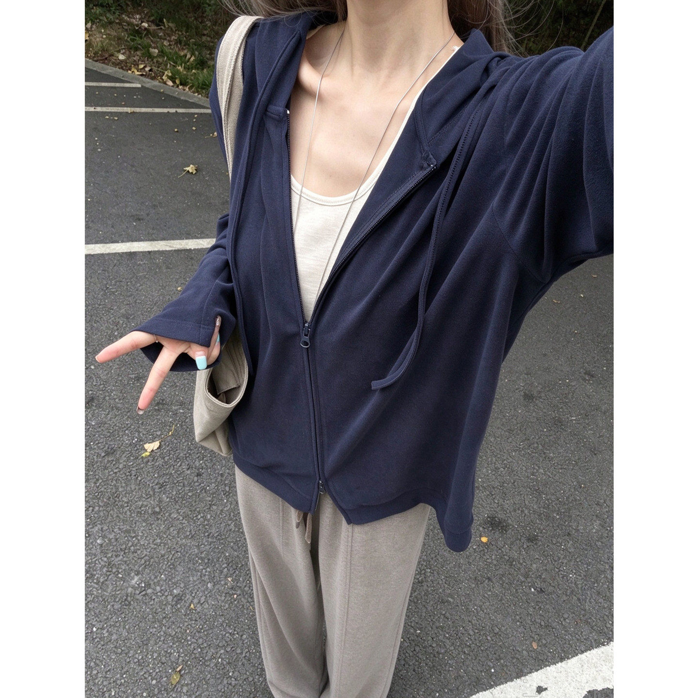休闲直筒垂感连帽卫衣女秋季拉链