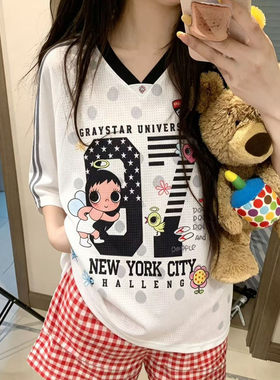 撞色V领短袖T恤女宽松