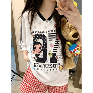 美式复古动漫卡通印花撞色V领短袖T恤女宽松百搭休闲球衣打底上衣