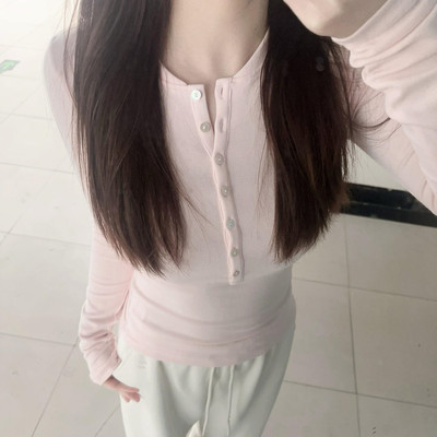 纽扣设计感辣妹亨利领长袖T恤女秋冬内搭打底衫修身收腰显瘦上衣