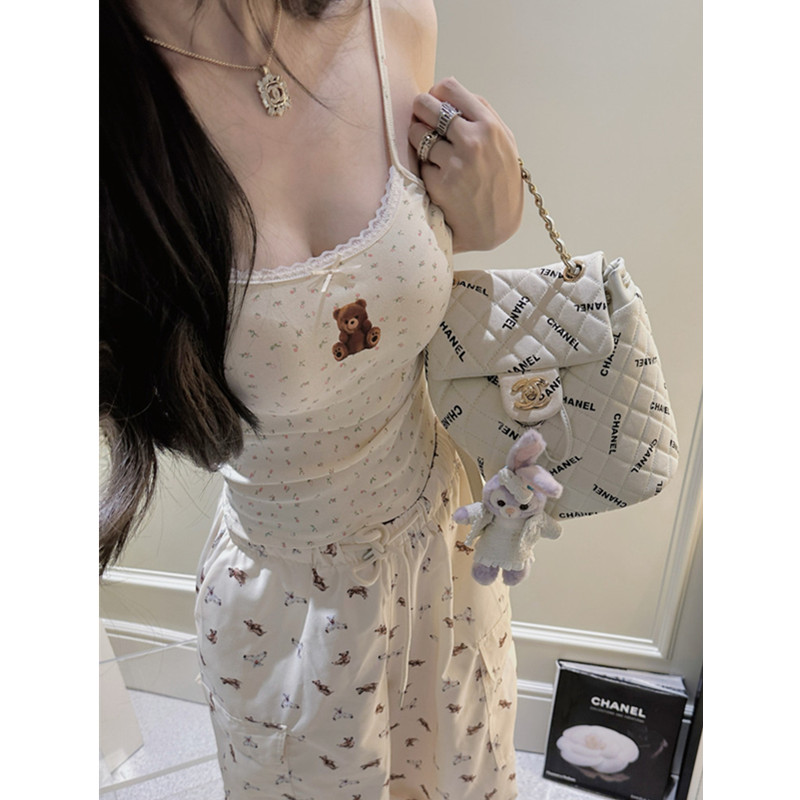小熊碎花蕾丝蝴蝶结吊带背心女夏季带胸垫修身收腰显瘦打底衫上衣