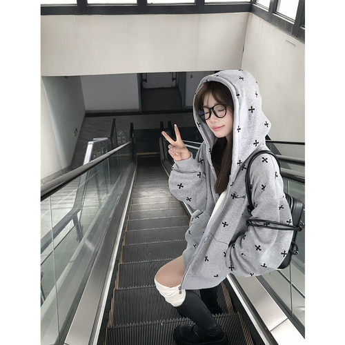 架满印连帽卫衣女春秋季