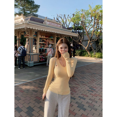 刺绣V领修身长袖针织毛衣女内搭