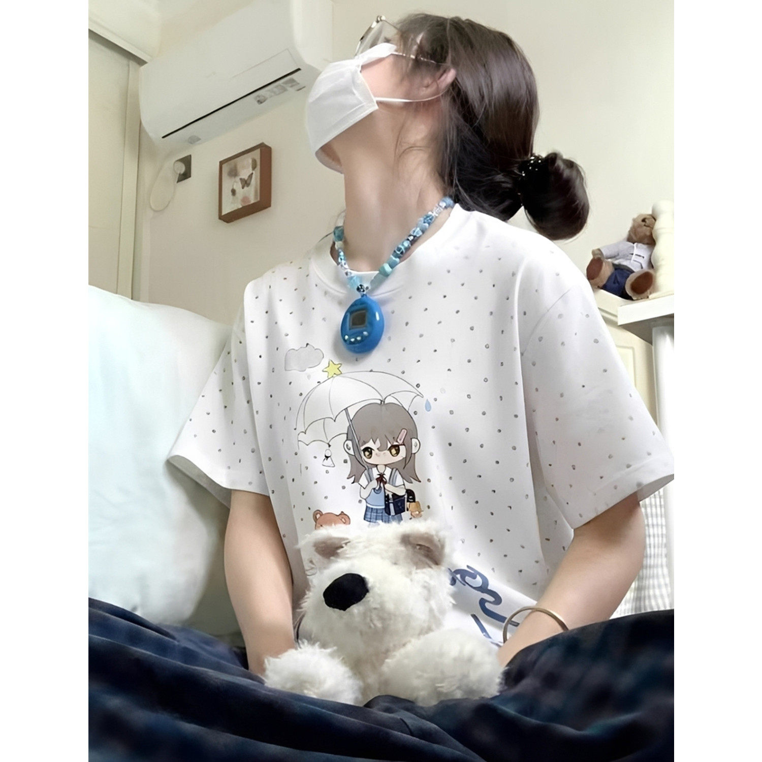日系波点卡通印花甜妹风少女短袖T恤女夏季宽松休闲慵懒半袖上衣