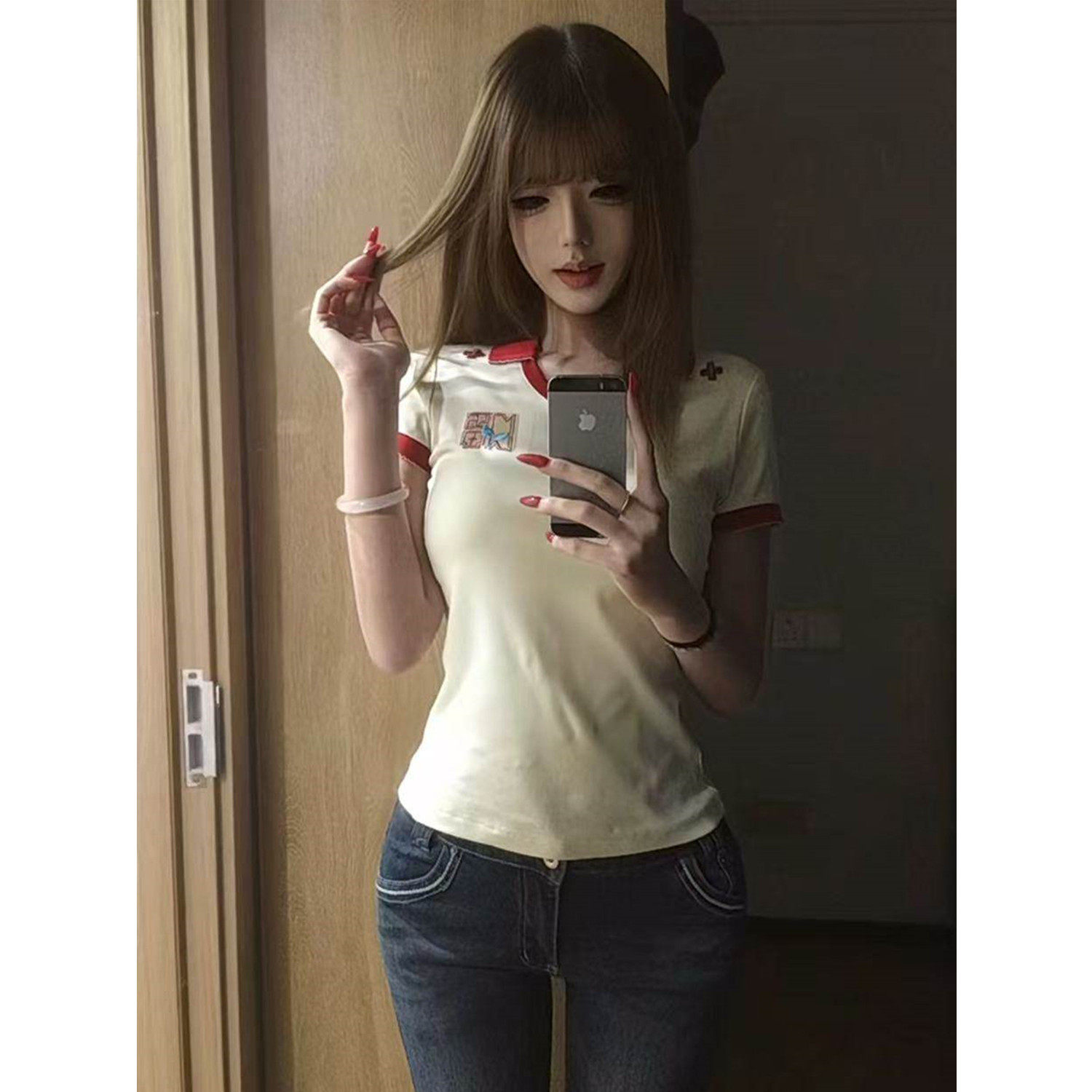 美式复古辣妹撞色POLO衫V领刺绣短袖T恤女夏季设计感小众修身上衣