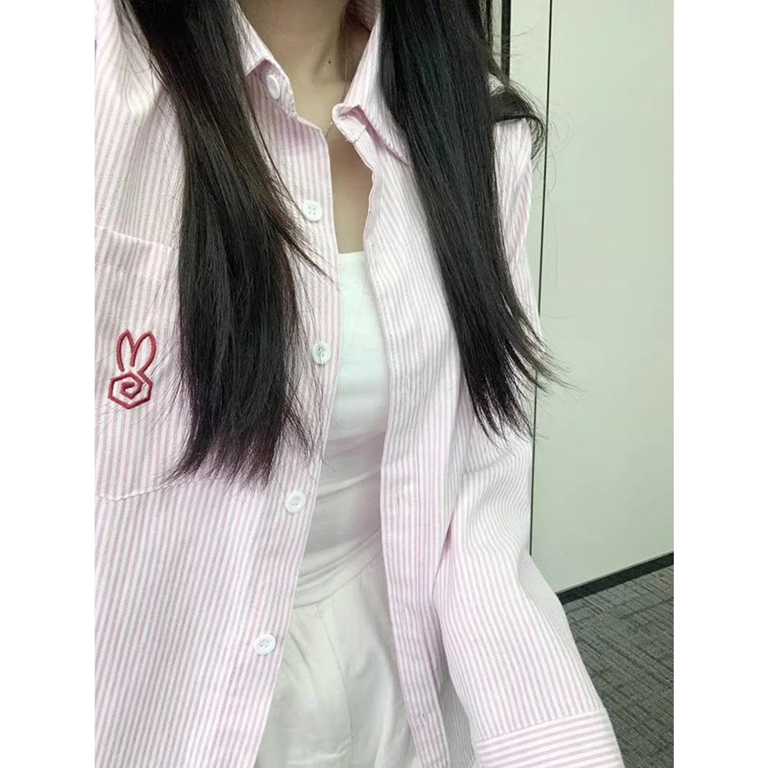 美式复古设计感刺绣口袋条纹POLO领长袖衬衫外套女宽松防晒服上衣