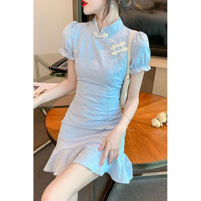 国风复古连衣裙女夏2025新款小个子短款改良旗袍修身显瘦鱼尾裙子