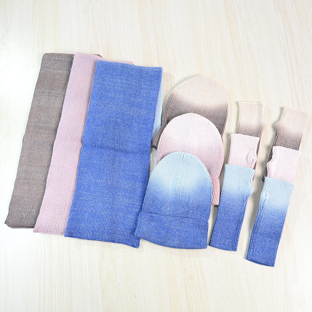 2512/29安哥拉山羊绒混纺亮丝渐变色保暖围巾针织帽手套三件套