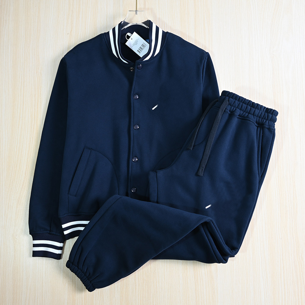 可情侣款 11/4 加绒螺纹立领棒球服松紧高腰系带卫裤两件套装