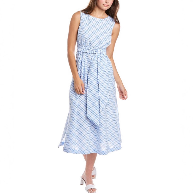 思琪女装 美系狮子头缘 清爽蓝色小格纹系带蝴蝶结中长无袖连衣裙