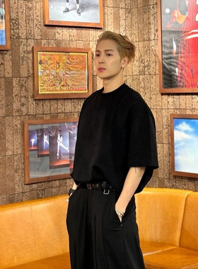 美式复古宽松王嘉尔同款重磅t恤男款落肩短袖T内搭纯棉黑色半截袖