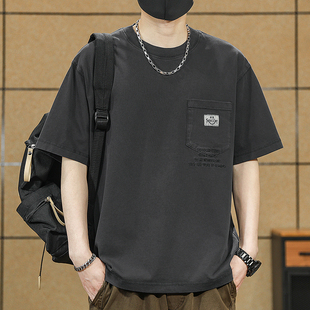 新款 美式 2025夏季 t恤男士 体恤宽松上衣服 纯棉重磅石磨水洗短袖