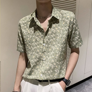 痞帅半袖 轻熟风碎花衬衫 潮牌冰丝衬衣夏威夷男士 男短袖 上衣潮 夏季