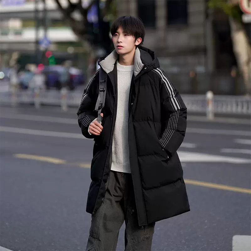 中长款羽绒棉服男冬季新款加厚保暖条纹棉衣潮牌休闲连帽棉袄外套