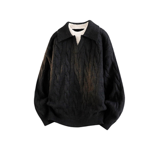 2025年新款法式复古麻花针织衫polo领毛衣男女款秋季假两件上衣潮